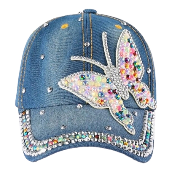 Accessories - Blue Denim Rhinestone Bling Butterfly Baseball Cap Hat Studs Bling